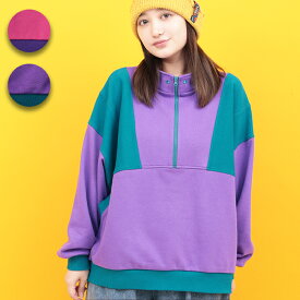 Orale! 配色ハーフジッププルオーバー ／ スウェット 裏毛 ハーフジップ ハイネック カラフル カラーブロッキング レトロ ゆったり オーバーサイズ トレーナー トップス レディース 秋 冬 長袖 カジュアル ピンク パープル エスニック チチカカ TITICACA