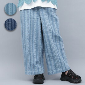 キカストライプデニムパンツ ／ パンツ ズボン ボトムス ワイドパンツ ストレートパンツ ワイドストレート レディース 春 夏 ジャカード ジャガード 幾何学柄 キカ ウエストゴム ブルー デニム ネイビー インディゴ エスニック チチカカ TITICACA