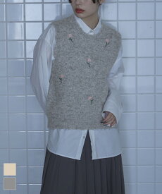 【店内全品20％OFFクーポン】12/11 1:59まで■ローズ刺繍ニットベスト【miette ミエット】