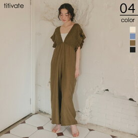 先着100名様【店内全品50％OFFクーポン】8/4 20時～■シャーリングフリルオールインワン オールインワン レディース ワイドパンツ Vネック フリル フレア バックリボン レイヤード ワンピース レディース ロング丈 マキシ丈 花袖 ボリュームスリーブ
