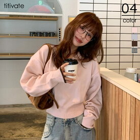 【店内全品20％OFFクーポン】4/17 9:59まで■Vネックゆるっとベーシックニットトップス トップス レディース ニット 長袖 ショート丈 Vネック バイカラー リブ シンプル カジュアル