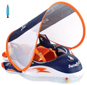 ベビー浮き輪 足入れ 屋根付き ロケット 浮き輪 赤ちゃん用 足入れ UVカット SPF50+ 日焼け止め 取り外し可能な ベビーフロート 水遊び 6ヶ月-3歳適用