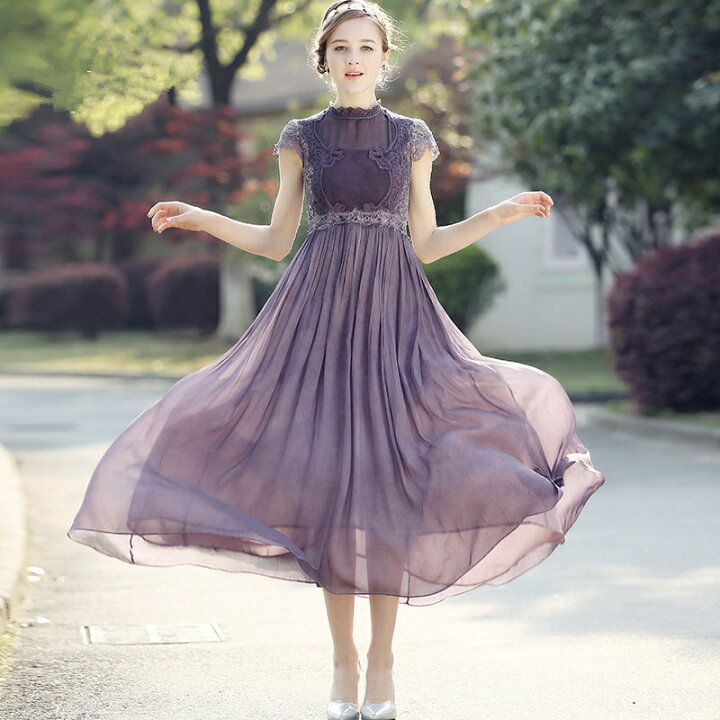 楽天市場】華奢見え パーティードレス 結婚式 レース×シフォンの  