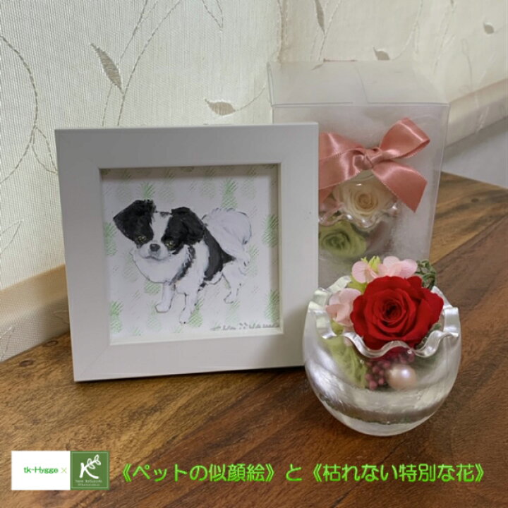楽天市場 ペット 似顔絵 オーダー 花かたにしさん コラボ ワンちゃん ネコちゃん 鳥さんの似顔絵 絵 犬 猫 鳥 イラスト コラージュ プリザーブドフラワー 薔薇 ローズ プレゼント ギフト メモリアル アニバーサリー インテリアアートhygge