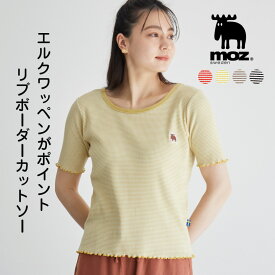 【3/22まで限定!店内全品50％オフ!】［ MOZ ］ ワッペンリブボーダーTシャツ リブ ボーダー 配色ネック バイカラー カットソー プルオーバー 半袖 Tシャツ インナー レディース moz モズ 北欧 スウェーデン エルク ヘラジカ ファッション レイヤード おそろ リンク