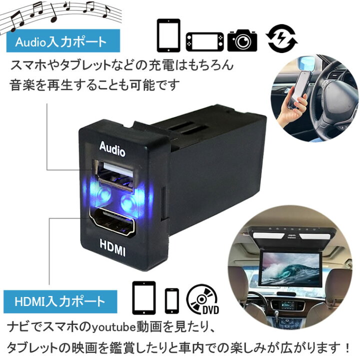楽天市場 オーディオ中継用usbポート Hdmi 電源ソケット Usbポート2 Usb接続通信パネル スマホ充電器 Usb電源 スイッチホール Ledブルー トヨタ車系 カーusbポート Audio用 Tkサービス楽天市場店