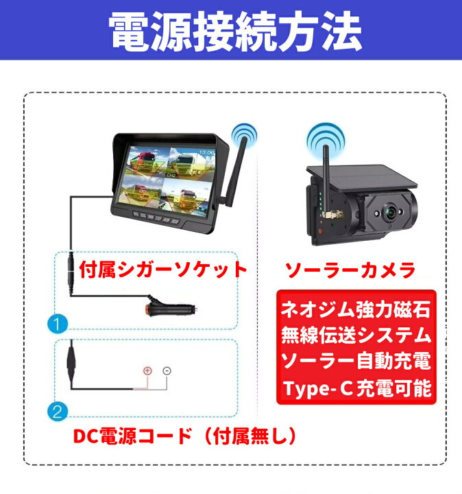 楽天市場】ワイヤレス ソーラー充電式 7インチ バックカメラ モニター 