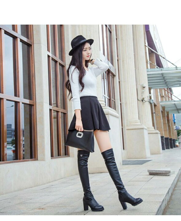 ロングブーツ レディース スクエアトゥ ストレッチブーツ サイドジップ  