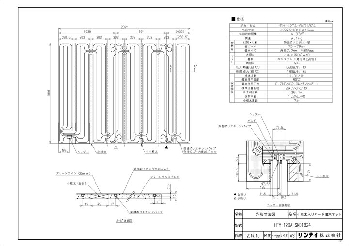 楽天市場】【HFM-12DA-SKD1824】 《TKF》 リンナイ 床暖房 小根太入り Rinnai 温水マット HFT-12F-SK0212