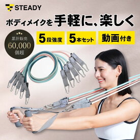 【◆P5倍＆LINE追加全員5%OFF】トレーニングチューブ 強度別5本セット 日本語トレーニング動画 収納ポーチ付 STEADY ステディ ゴムチューブ フィットネスチューブ ゴムバンド エクササイズバンド リハビリ トレーニング ST104