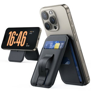 MagSafe対応 スマホスタンド 卓上 カード ケース Lamicall : 3枚収納 マグセーフ ウォレット スタンド 財布 スマホ マグネット ホルダー ICカード カード入れ 縦 横 角度 調整 フィンガーループ付