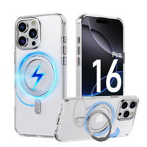 PRODELI �P�[�X For iPhone 16 Pro ��p �J�o�[ �N���A 360°��]�X�^���h MagSafe�Ή� �ČRMIL�K�i �ϏՌ� �w��h�~ ���C�����X�[�d�Ή� �����h�~ �����Y�ی� �C�菝�h�~ �����O �}�O�l�b�g���� �X�}�z