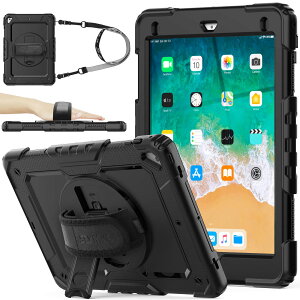 SEYMAC stock iPad 6����/5����/Pro 9.7/Air2 9.7�C���`�P�[�X �ϏՌ� �ی�t�B�����t�� �y�����[ 360°��]�X�^���h �n���h�X�g���b�v �V�����_�[�X�g���b�v �S�ʕی�J�o�[�i�u���b�N�j