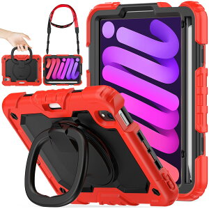 SEYMAC stock iPad mini A17 Pro/mini6 リングハンドル耐衝撃ケース iPad mini第7/6世代8.3インチ(2024/2021)専用 ペン収納 ショルダーストラップ 保護フィルム付きフレーム(レッド+ブラック)
