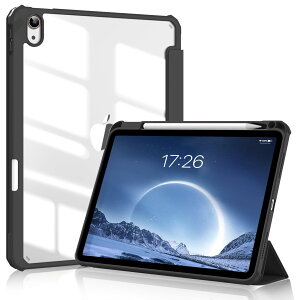 SQBEBS iPad 第10世代 ケース 2022 iPad 10.9インチ 透明バックカバー ペンシルホルダー付き 三つ折りスタンド Touch IDとオートスリープ機能対応 軽量 薄型 傷つけ防止 PU合成レザー TPU ブラック