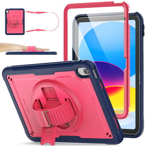 SEYMAC stock iPad 第10世代 10.9インチ専用ケース 耐衝撃 Gフック式ハンドストラップ 360°回転スタンド ペン収納 ショルダーストラップ フィルム付き前面フレーム 全面保護カバー (レッド)