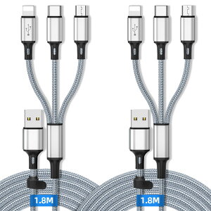 3in1 [dP[u }[d 1.8m y2{Zbgz}`[dP[u iPhone/Micro USB/USB Type-CɑΉA USB P[u 3 in 1 X}z ^ubg [d }` USBP[u 3A} [d P[u 3in1 USB
