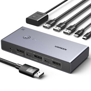 UGREEN 8K@60Hz Displayport KVM�ؑ֊� 2����1�o�� DP1.4 USB 3.0�|�[�g×4 (USB-A×3 + USB-C×1) 8K@60Hz�Ή� 4K@240Hz�Ή� ���j�^/�L�[�{�[�h/�}�E�X/USB C�n�[�h�h���C�u/�v�����^�����L�ADP�P�[�u��×2�AUSB A to C�P�[