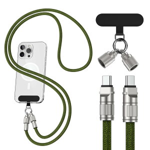 タイプC ストラップ 【60W急速充電】iPhone 16 ケーブル 1.2m*1本 PD対応 充電ケーブル usb c ケーブル MacBook iPad Android対応 ストラップホルダー*1枚 グリーン