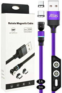 (��)�A�g���X 3A �}�O�l�b�g�[�d�P�[�u�� 1�{ 2m �� QC3.0 �}���[�d �f�[�^�]�� LED���C�g USB �P�[�u��/�}�O�l�b�g�[�q: microUSB TypeC/�[�q�P�[�X/�p�b�P�[�W�t��