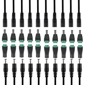 DIANN 10 Pairs 12V 5A DC Power Pigtail Barrel Plug 2.1mm x 5.5mm Male Female Connector Cable and 10 Pairs 12V 5A DC Power Jack Plug Adapter 2.1mm x 5.5mm Male Female Connector