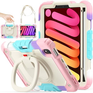 SEYMAC stock iPad mini A17 Pro/mini6 リングハンドル耐衝撃ケース iPad mini第7/6世代8.3インチ(2024/2021)専用 ペン収納 ショルダーストラップ 保護フィルム付きフレーム(色とりどり+ピンク)