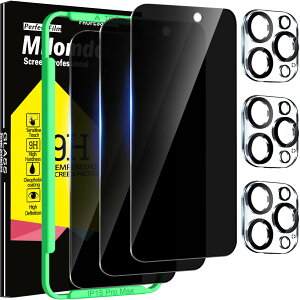 Milomdoi 4 Pack Privacy Screen Protector for Apple iPhone 15 Pro Max with 4 Pack Tempered Glass Camera Lens Protector, Ultra 9H Accessories, Case Friendly, Mounting Frame, 2.5D Curved, Black