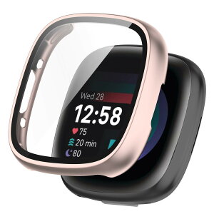 For Fitbit Versa 3/Sense �J�o�[ PC�f�� Fitbit Versa 3/Sense �P�[�X �K���X�t�B������̌^ �S�ʕی� ��d�\�� �h�o ���{���Ɏq�� �L�Y�h�~ �y��(���[�Y�S�[���h)