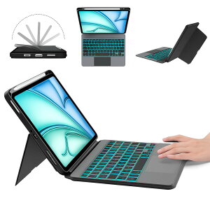 BORIYUAN iPad Air/Pro 11�C���` �L�[�{�[�h �P�[�X �c�����p�X�^���h �u���b�N Air(��5/4����/M2/M3)�EPro11(��1-4����)���p �����x�g���b�N�p�b�h 3��f�o�C�X�ؑ� 15°�`180°�p�x���� 7�F�o�b�N���C�g Typ