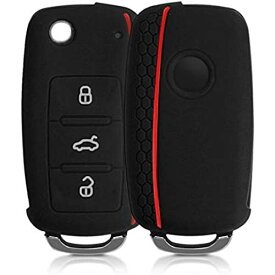 kwmobile 対応: VW Skoda Seat 3-ボタン 車のキー ケース - シリコン キーケース 落下防止 車鍵 - 鍵ケース 黒色/赤色 黒色 / 赤色