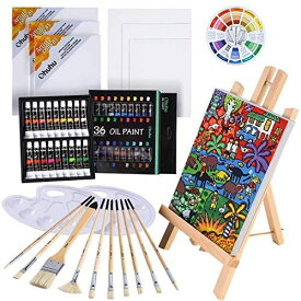 油絵の具セット 56点セット Ohuhu 油絵の具 36色 画材セット 油彩 油彩絵具 木製イーゼル/張りキャンバス/油彩筆/パレット/カラーホイール付き 子供用 新学期学習教材 画材 イラスト 数字油絵 DIY