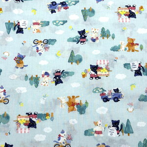 生地 【 にゃんこのお便り 3色 】 シーチング生地 猫柄 110cm巾 綿100% コットン 薄手 バッグ ポーチ クッションカバー エプロン レッスンバック 巾着 ランチョンマット インテリア雑貨 ハンド