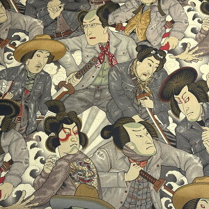生地 【 Alexander henry Fabrics denim samurai 3色 】 USAコットン アメリカンファブリック 112cm巾 綿100% コットン 侍 浮世絵風 バッグ ポーチ クッションカバー エプロン 巾着 シャツ ブラウス インテ