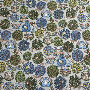 生地 【 ハーフリネン 動物と木々 2色 】 リネン生地 綿麻生地 コットンリネン 森と動物達 アニマルフォレスト 英国風 サークル 鳥 リス 花柄 動物柄 バッグ ポーチ エプロン クッションカバ