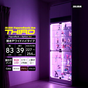 フルセット JAJAN フィギュアラック ザ サード ワイド 開き戸 幅83cm 奥行39cm ( ハイタイプ本体 + RGB LED + 背面ミラー2枚組 + 上置きロータイプ ) コレクションケース コレクションラック
