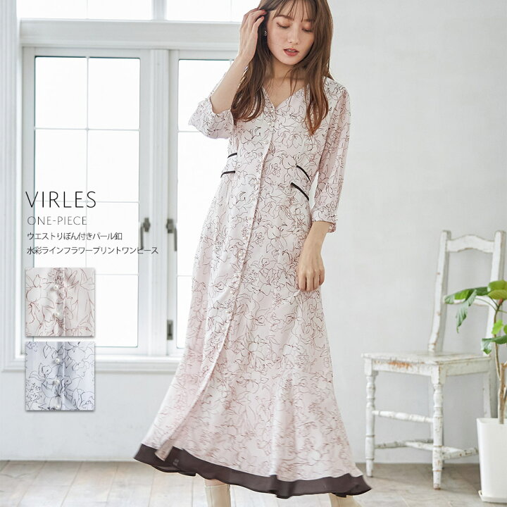楽天市場 ウエストりぼん付きパール釦水彩ラインフラワープリントワンピース Virles ヴァーレス Tocco Closet トッコクローゼット ピンク ブルー ｔｏｃｃｏ
