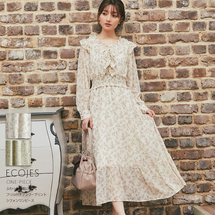 楽天市場 ふわっと秋風になびくフリル付きフラワープリントシフォンワンピース Ecojes エコジス Tocco Closet トッコクローゼット ピンク ミント ｔｏｃｃｏ