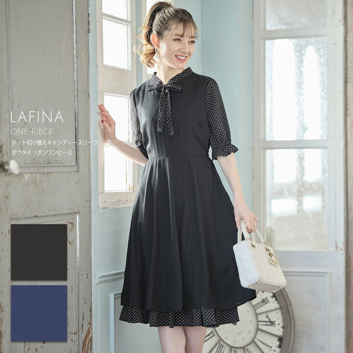 楽天市場 ドット切り替えキャンディースリーブボウタイリボンワンピース Lafina ラフィーナ Tocco Closet トッコクローゼット Summer Black Collection ｔｏｃｃｏ