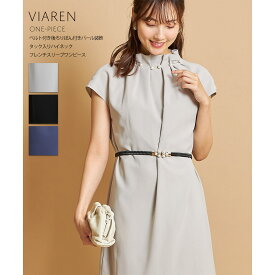 ベルト付き後ろりぼん付きパール装飾タック入りハイネックフレンチスリーブワンピース【viaren　ヴィレン】tocco closet(トッコクローゼット)　グレージュ ブラック ブルー