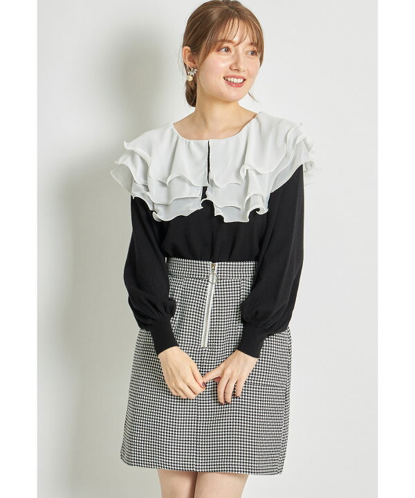 楽天市場】三段シフォンフリルビックカラー付き配色ニットプルオーバー  