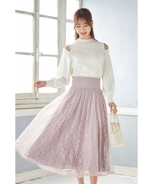 楽天市場】後ろリボン付きハイウエスト切り替えレースフレアスカート  