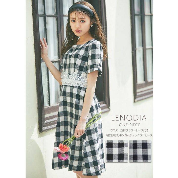 楽天市場 ウエスト立体フラワーレース付き袖口りぼんギンガムチェックワンピース着用 Lenodia レノディア Tocco Closet トッコクローゼット 香音さんはブラック着用 ネイビー ｔｏｃｃｏ