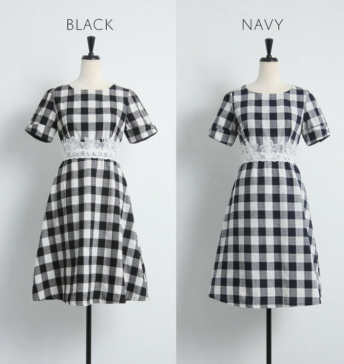 楽天市場 ウエスト立体フラワーレース付き袖口りぼんギンガムチェックワンピース着用 Lenodia レノディア Tocco Closet トッコクローゼット 香音さんはブラック着用 ネイビー ｔｏｃｃｏ