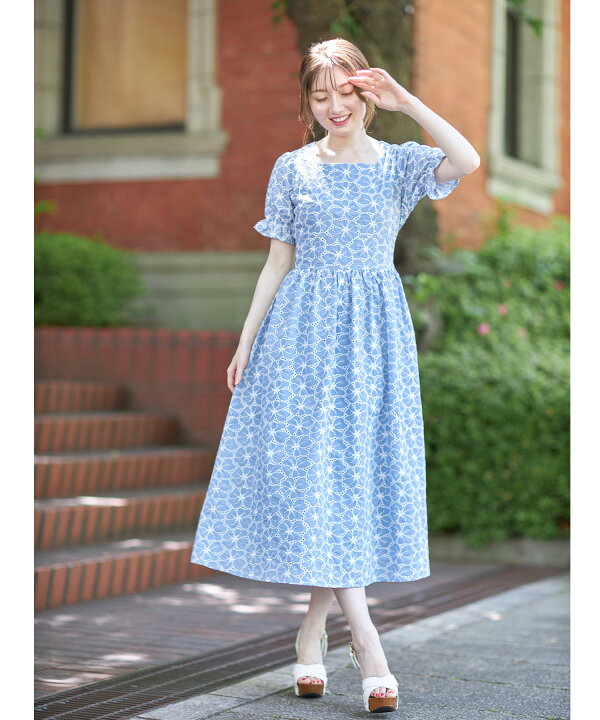 楽天市場】フラワーカットワークレース刺繍バイカラーワンピース  