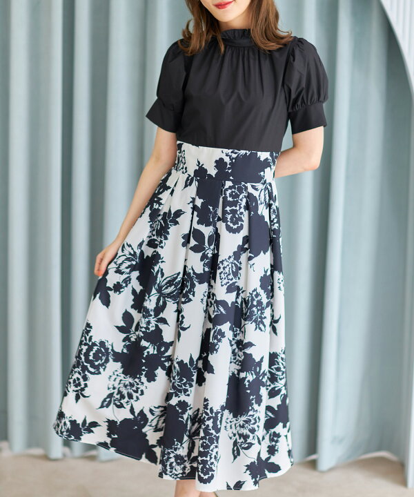 楽天市場 フリルハイネックフラワープリントドッキングワンピース Shorle ショアル Tocco Closet トッコクローゼット ホワイト ブラック ｔｏｃｃｏ