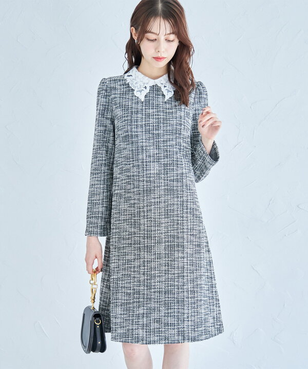 楽天市場】レース襟付きツイード見えジャガードワンピース【liconia  