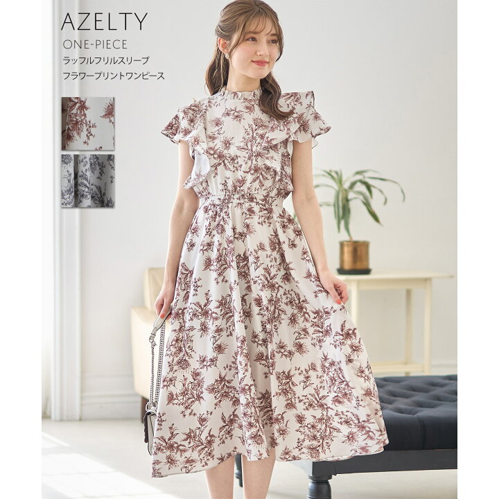 楽天市場】ラッフルフリルスリーブフラワープリントワンピース【azelty  