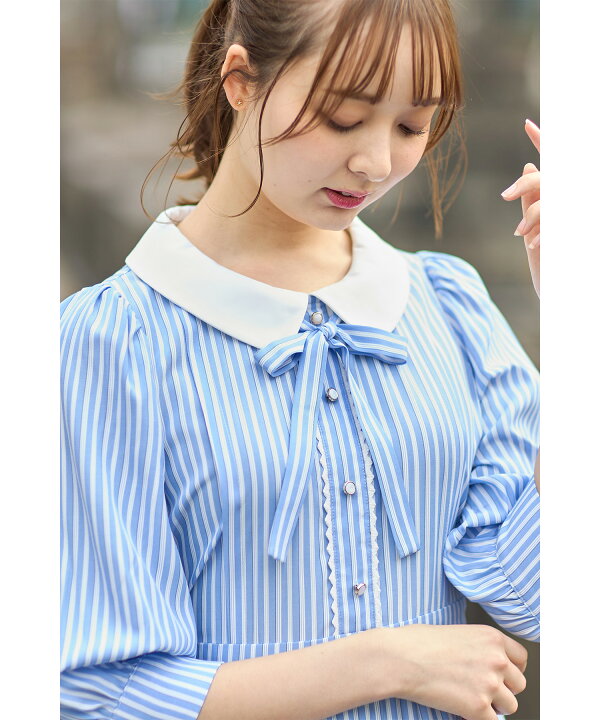 楽天市場】2WAYりぼん付き白襟ストライプワンピース【soniale  