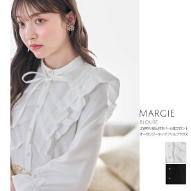 2WAYりぼん付きパール釦フロントオーガンジータックフリルブラウス【margie マージ】tocco closet(トッコクローゼット) オフホワイト ブラック