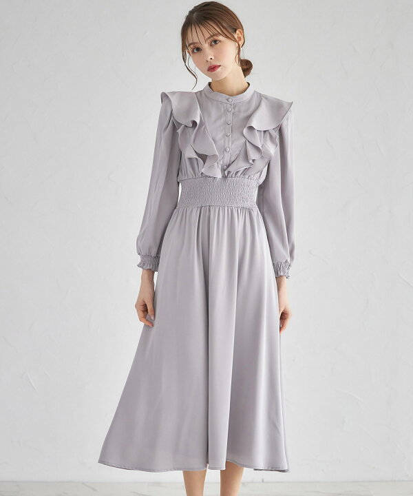 楽天市場】ラッフルフリル付きスタンドカラーシャーリングワンピース  